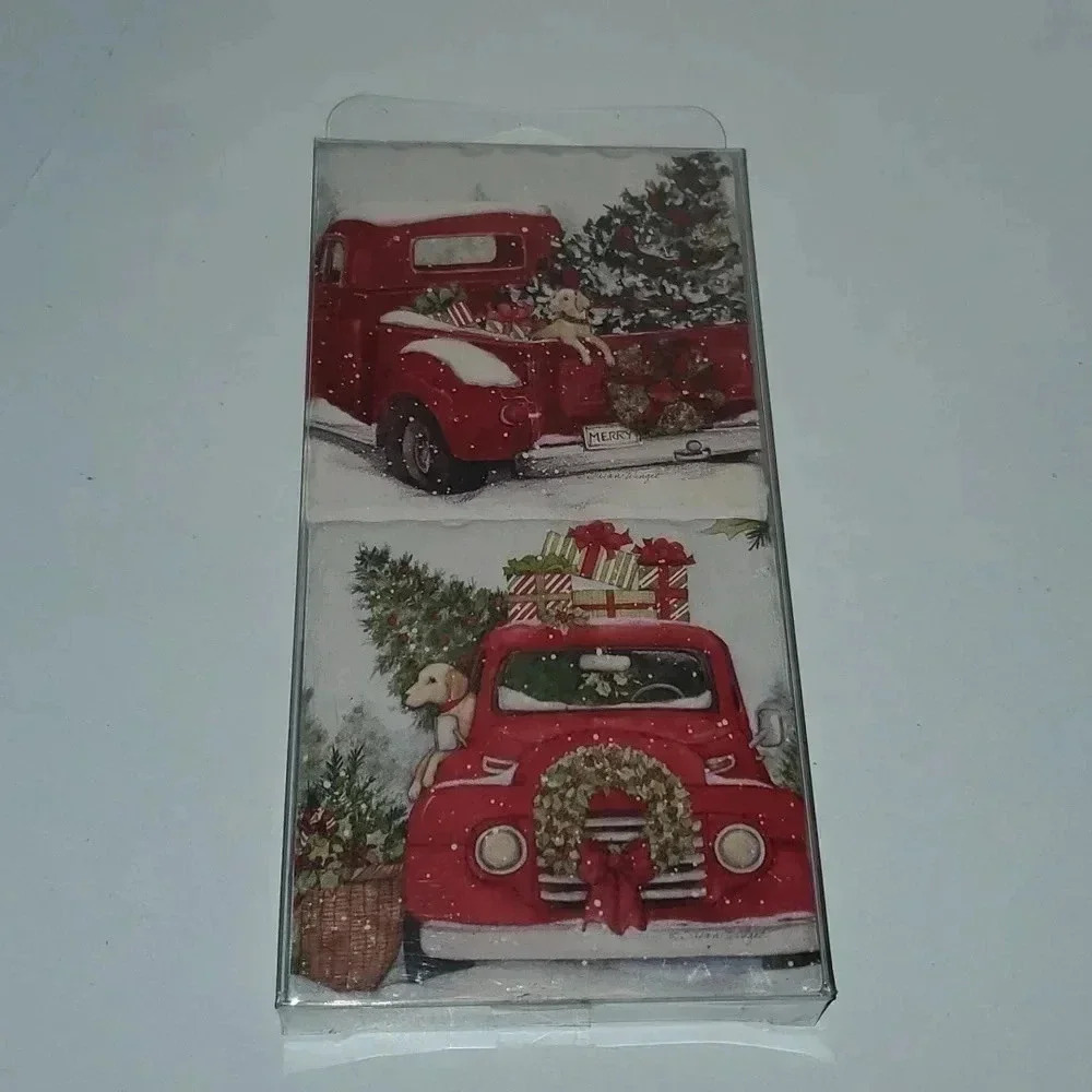 Red Truck and Dog Rustic Christmas Coasters Set of 4 NWT